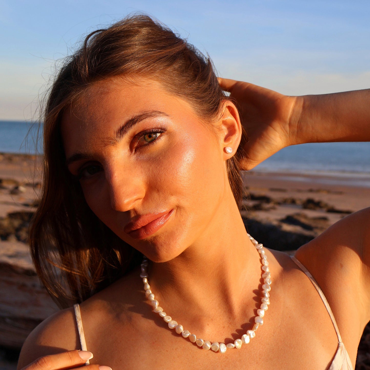 White Keshi Pearl Studs Stg Silver