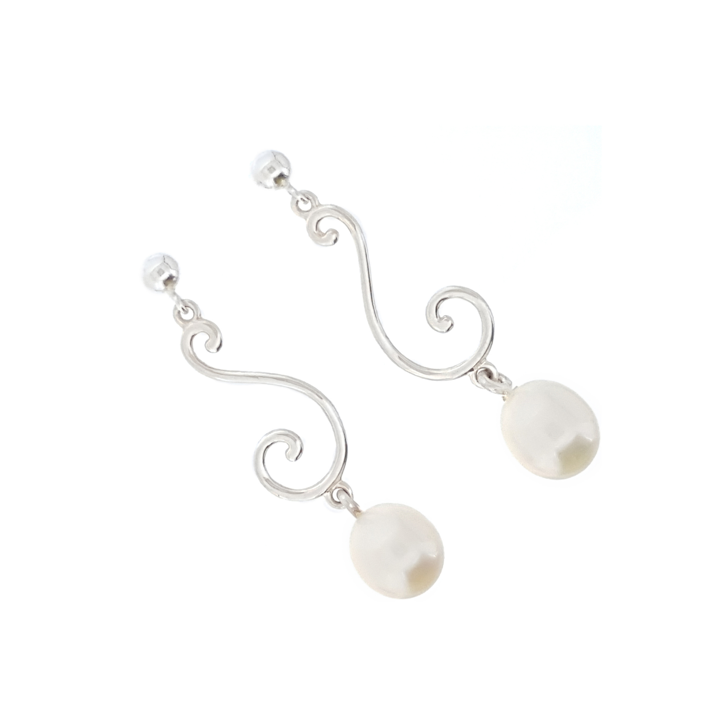 Swirl Earrings Silver with white pearl drop