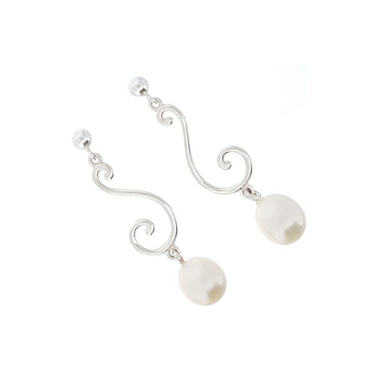 Swirl Earrings Silver with white pearl drop