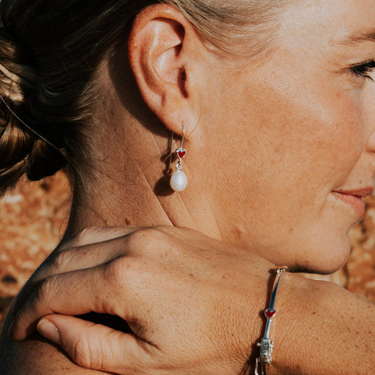 Silver and Red Love Heart Pearl Earrings