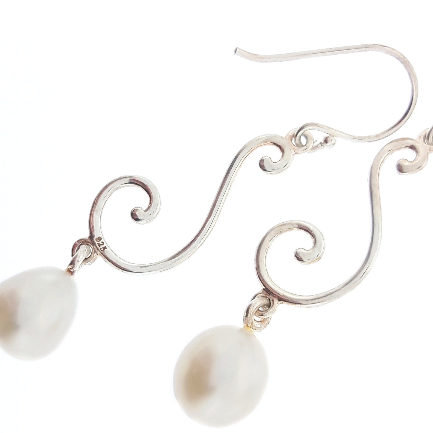 Swirl Earrings Silver with white pearl drop